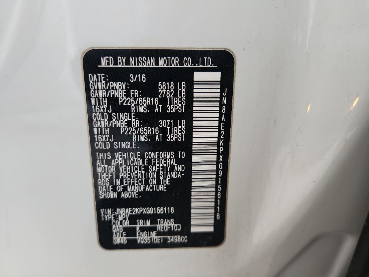 2016 Nissan Quest S VIN: JN8AE2KPXG9156116 Lot: 85200645