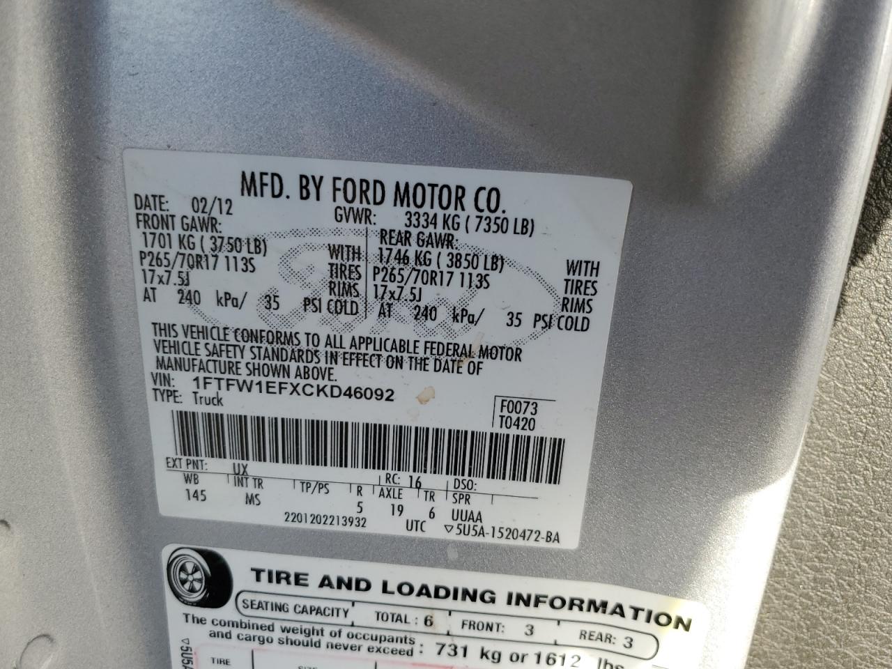 2012 Ford F150 Supercrew VIN: 1FTFW1EFXCKD46092 Lot: 82602985