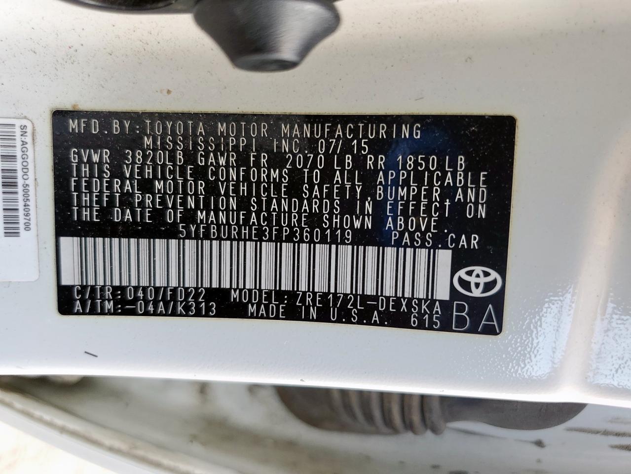 2015 Toyota Corolla L VIN: 5YFBURHE3FP360119 Lot: 85141145