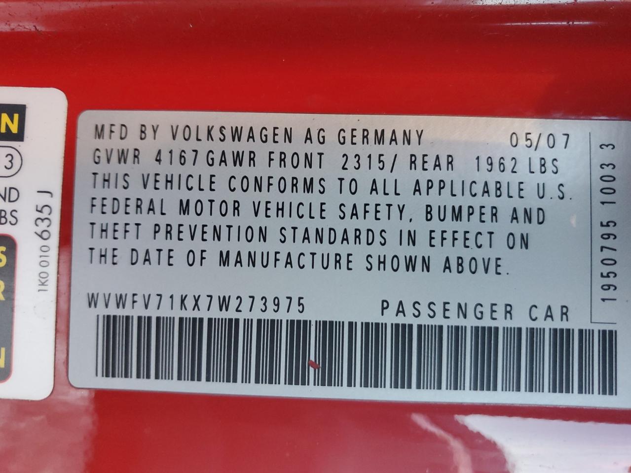 2007 Volkswagen New Gti Fahrenheit VIN: WVWFV71KX7W273975 Lot: 85892885