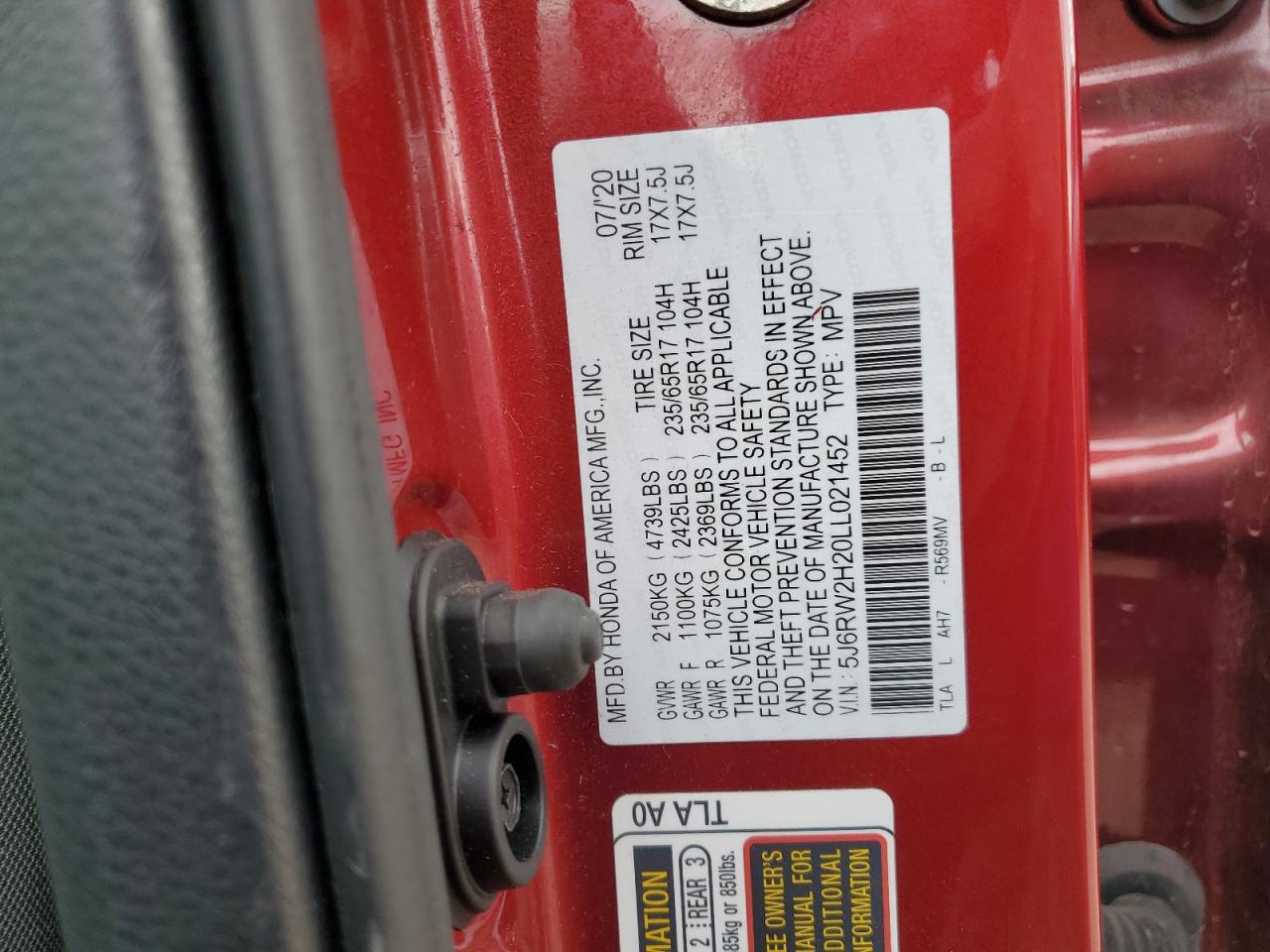 2020 Honda Cr-V Lx VIN: 5J6RW2H20LL021452 Lot: 83860255