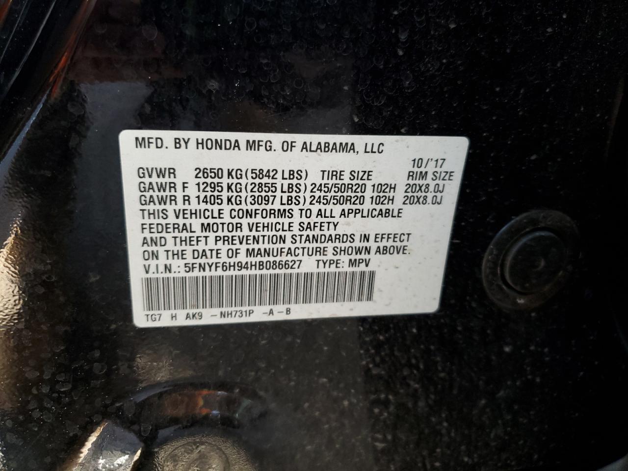 2017 Honda Pilot Touring VIN: 5FNYF6H94HB086627 Lot: 90475625