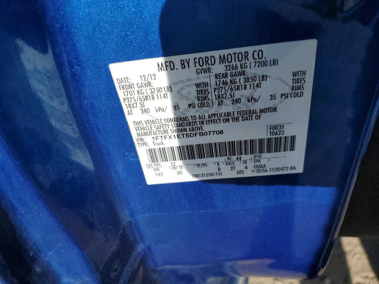 2013 Ford F150 Super Cab VIN: 1FTFX1ET5DFB07708 Lot: 90322305