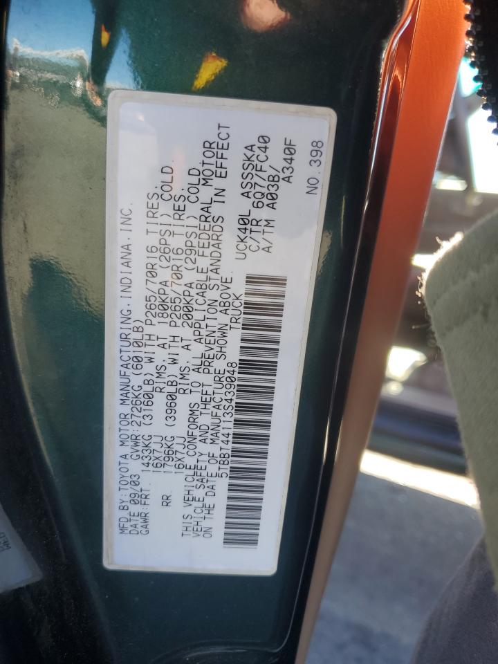 2003 Toyota Tundra Access Cab Sr5 VIN: 5TBBT44113S439048 Lot: 89721115