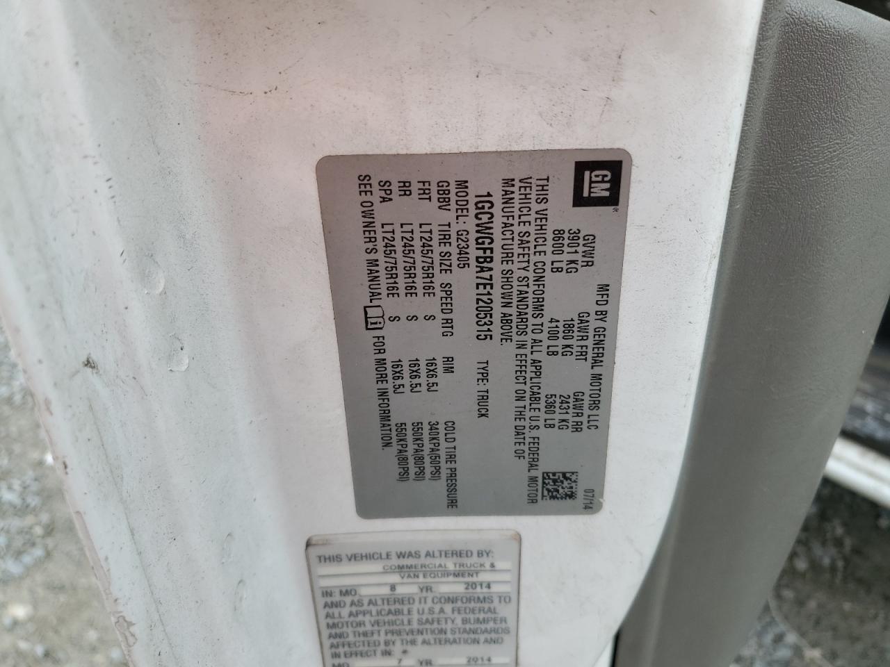 2014 Chevrolet Express G2500 VIN: 1GCWGFBA7E1205315 Lot: 82077735