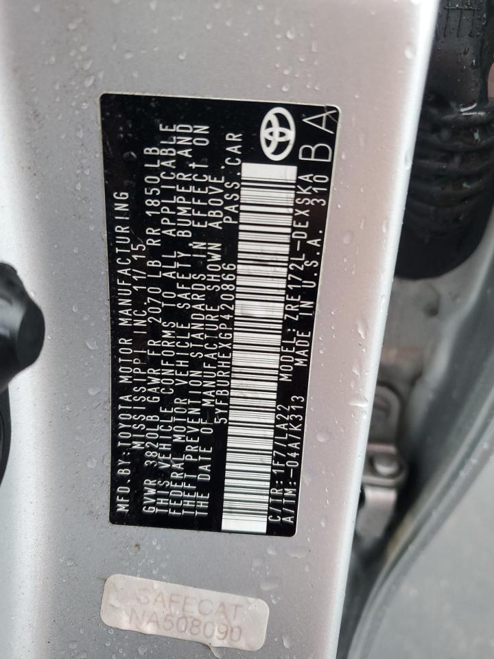 2016 Toyota Corolla L VIN: 5YFBURHEXGP420866 Lot: 84616525