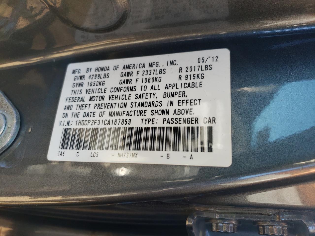 2012 Honda Accord Lx VIN: 1HGCP2F31CA167859 Lot: 85747895