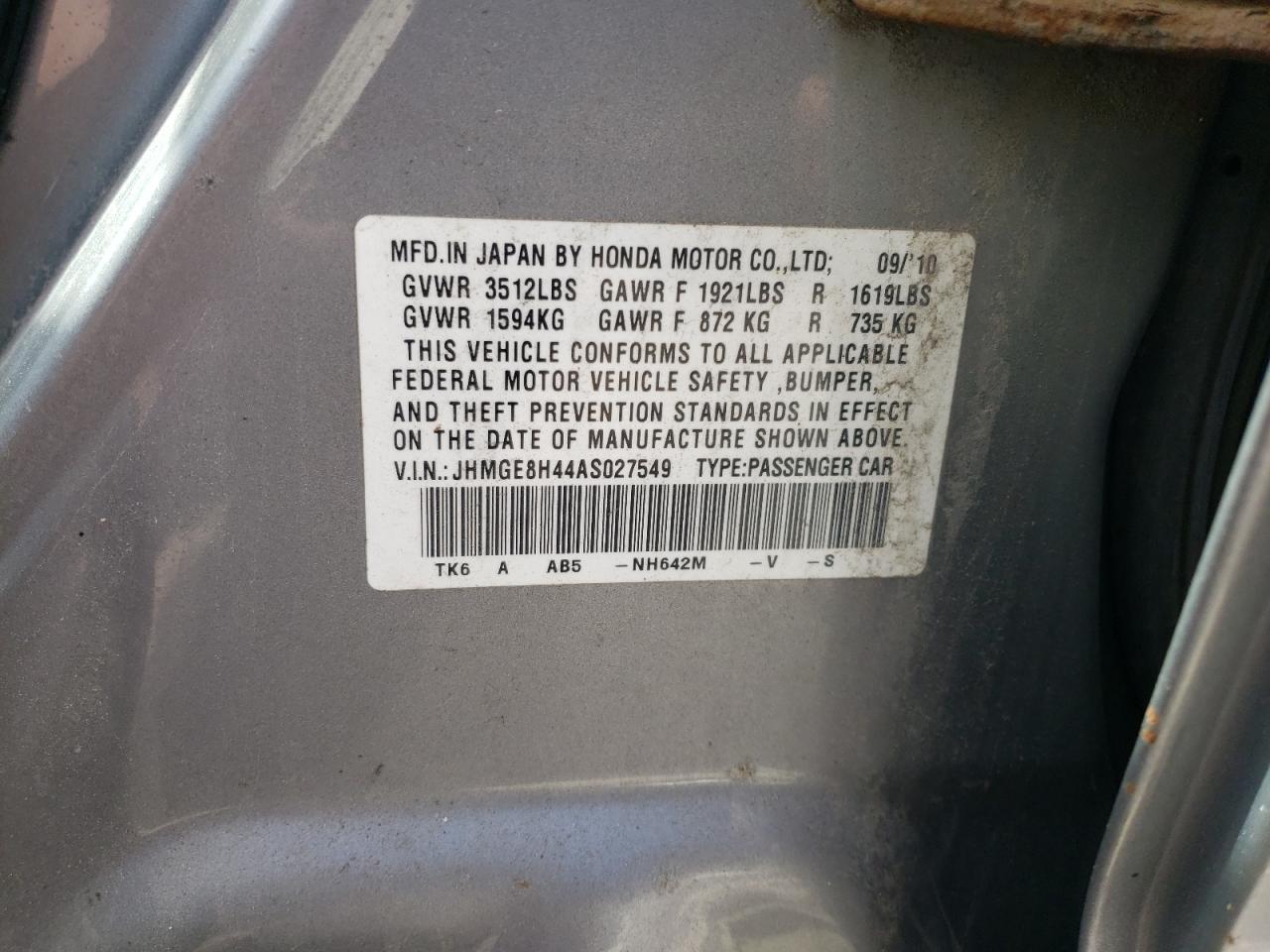 2010 Honda Fit Sport VIN: JHMGE8H44AS027549 Lot: 86058685