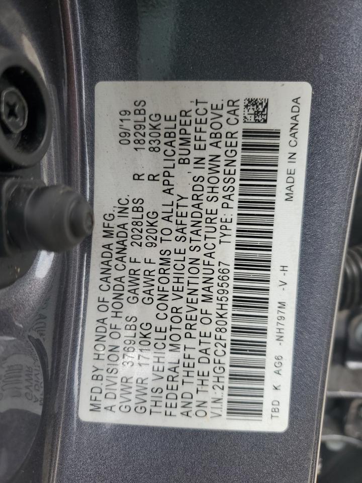 2019 Honda Civic Sport VIN: 2HGFC2F80KH595667 Lot: 82176295