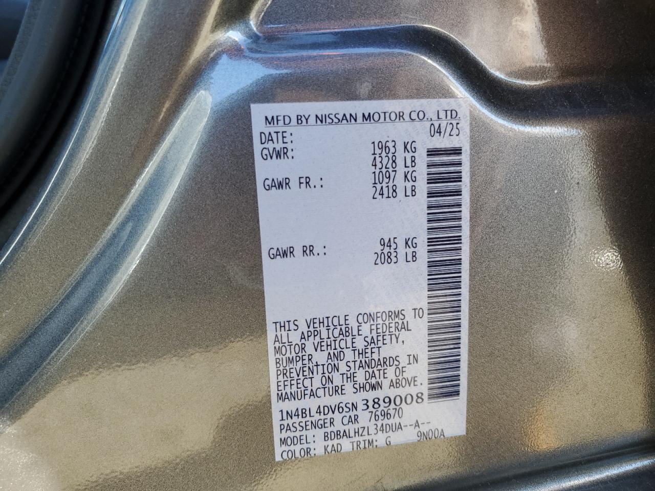 2025 Nissan Altima Sv VIN: 1N4BL4DV6SN389008 Lot: 86215035