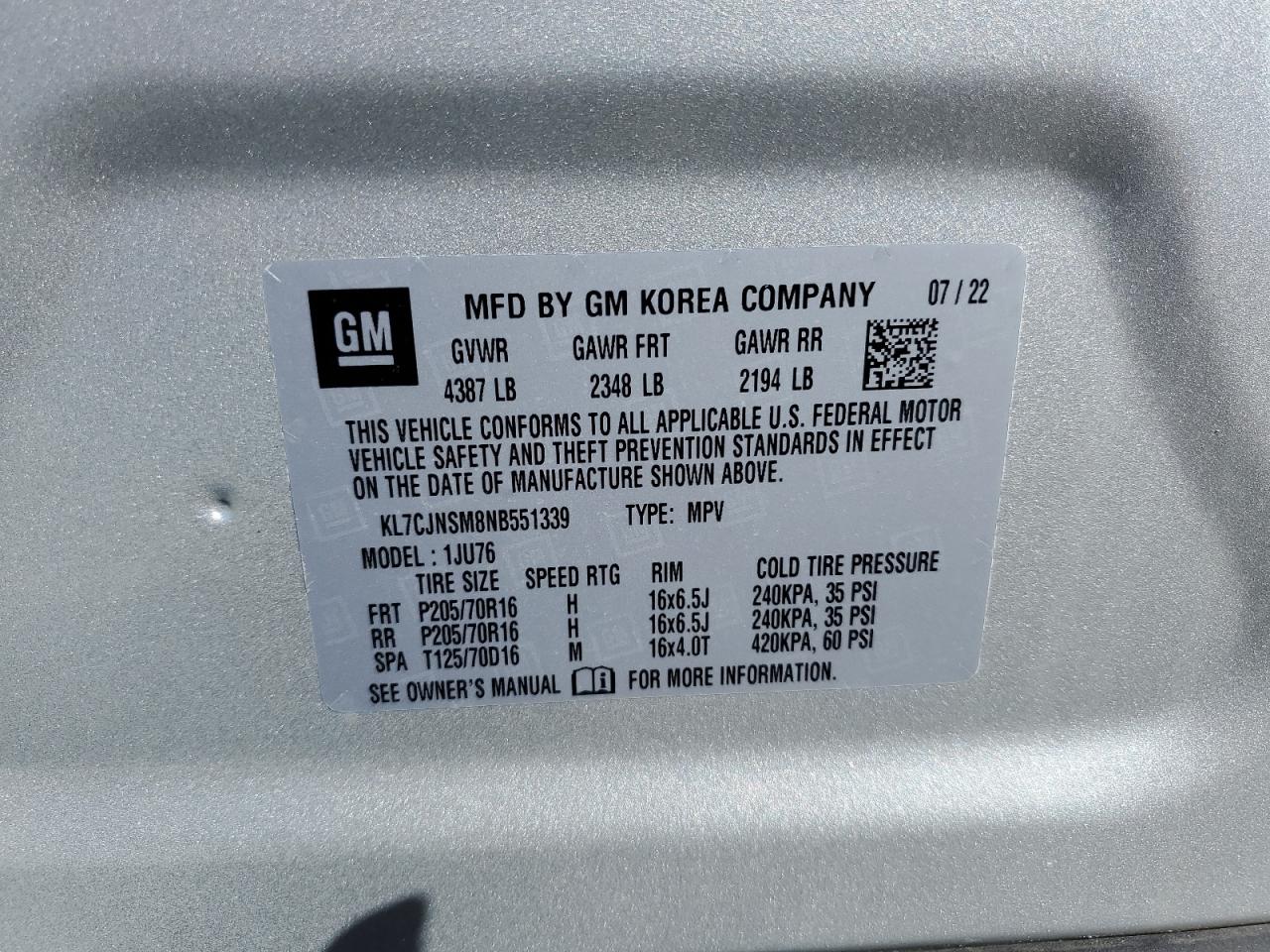 2022 Chevrolet Trax Ls VIN: KL7CJNSM8NB551339 Lot: 86807785