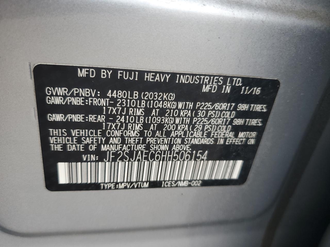 2017 Subaru Forester 2.5I Premium VIN: JF2SJAEC6HH506154 Lot: 86282545