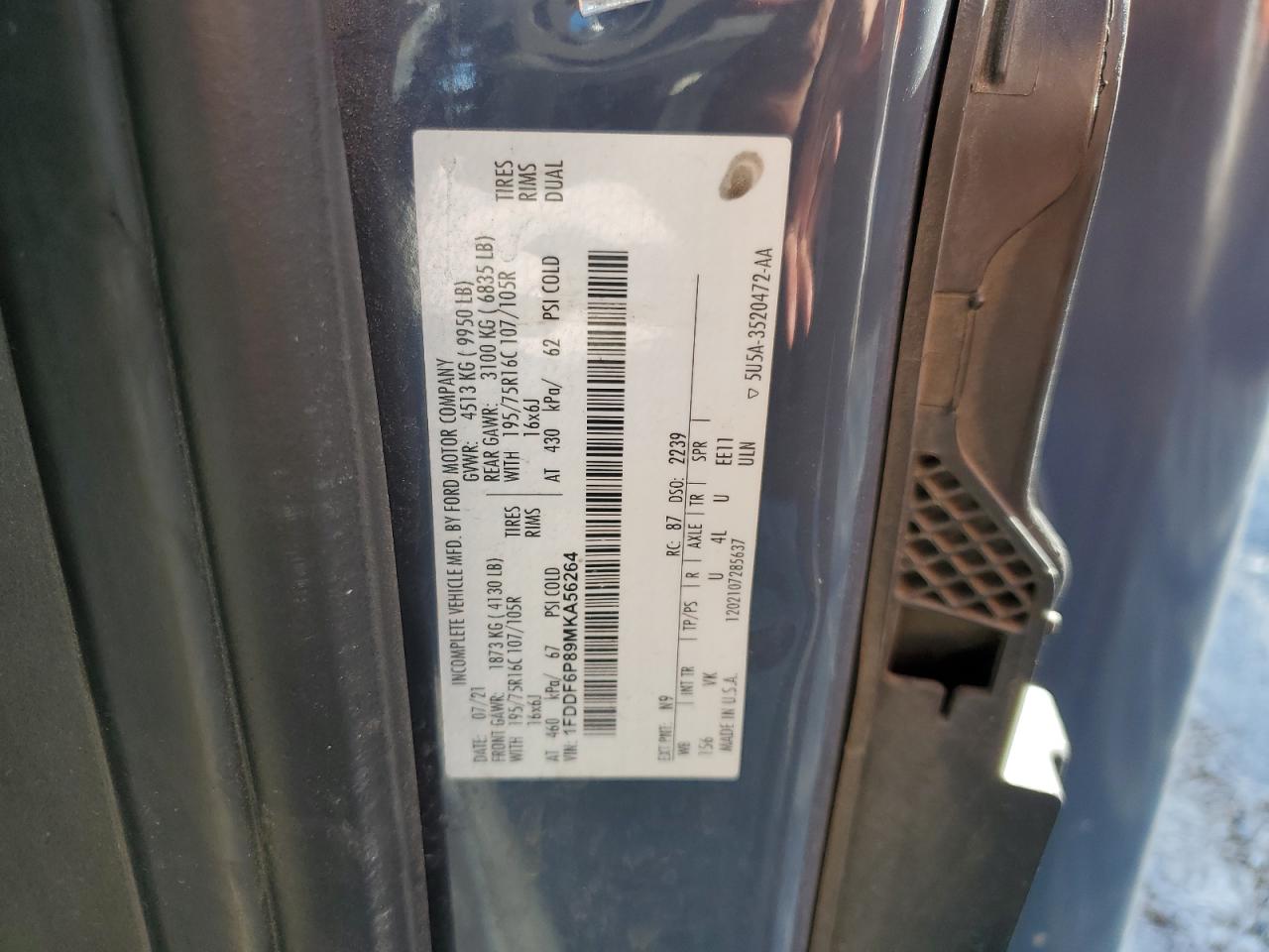 2021 Ford Transit T-350 Hd VIN: 1FDDF6P89MKA56264 Lot: 84765395