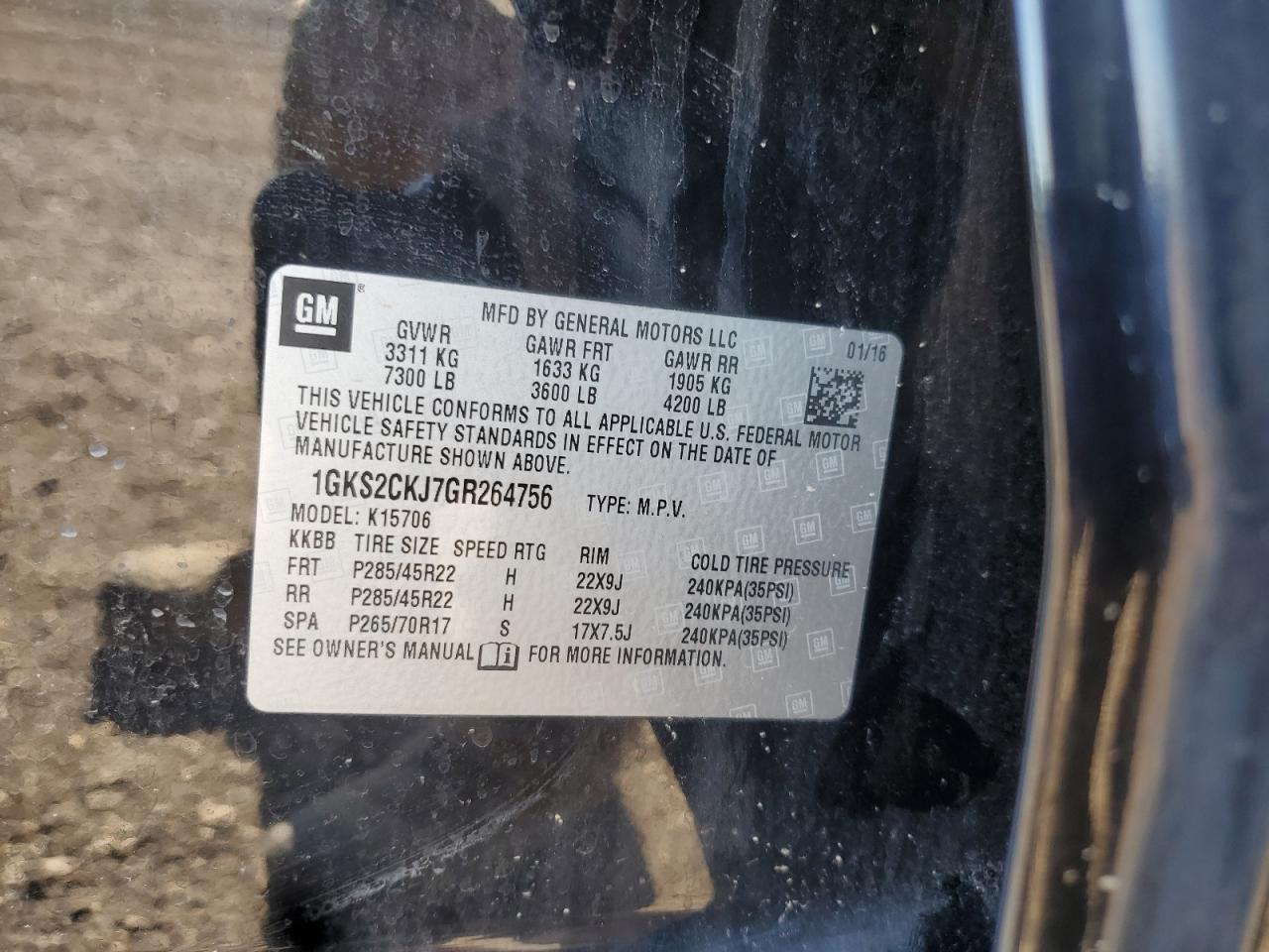 2016 GMC Yukon Denali VIN: 1GKS2CKJ7GR264756 Lot: 85549195