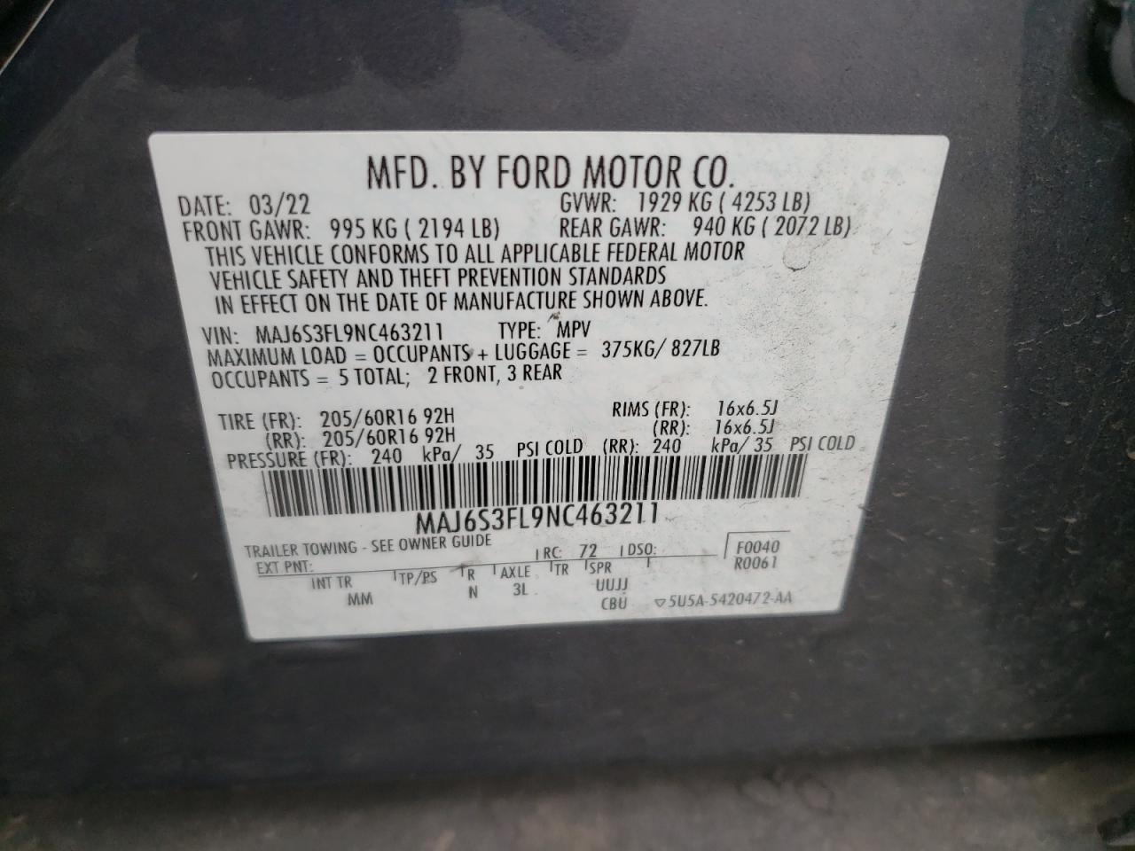 2022 Ford Ecosport S VIN: MAJ6S3FL9NC463211 Lot: 84813085