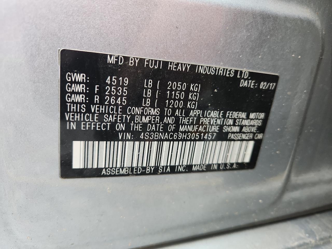 2017 Subaru Legacy 2.5I Premium VIN: 4S3BNAC69H3051457 Lot: 86269575