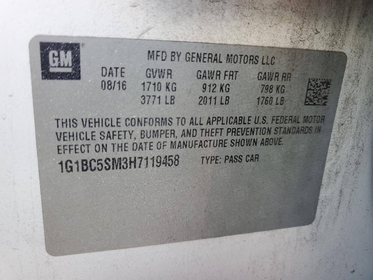 2017 Chevrolet Cruze Ls VIN: 1G1BC5SM3H7119458 Lot: 85121255