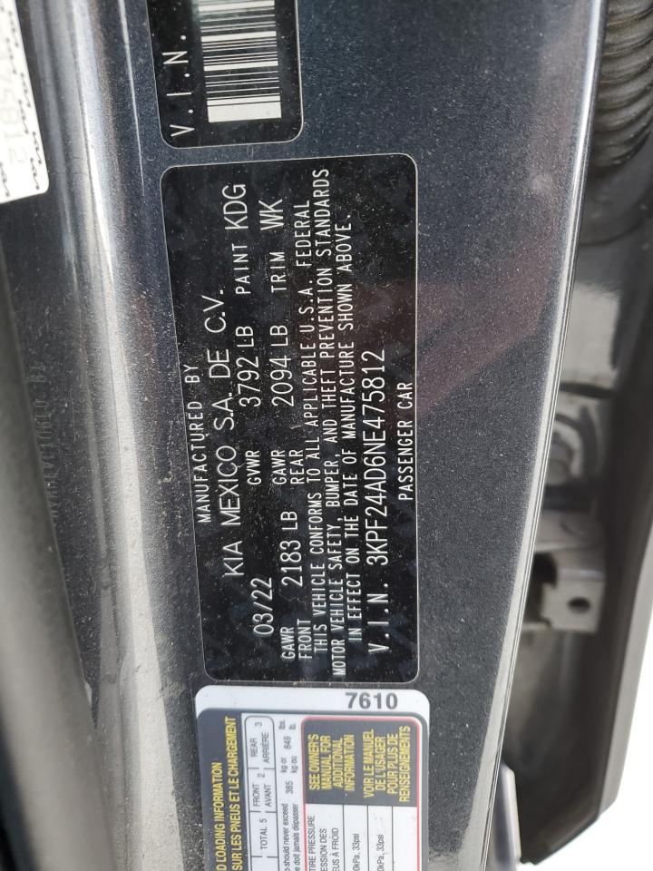 2022 Kia Forte Fe VIN: 3KPF24AD6NE475812 Lot: 85316595