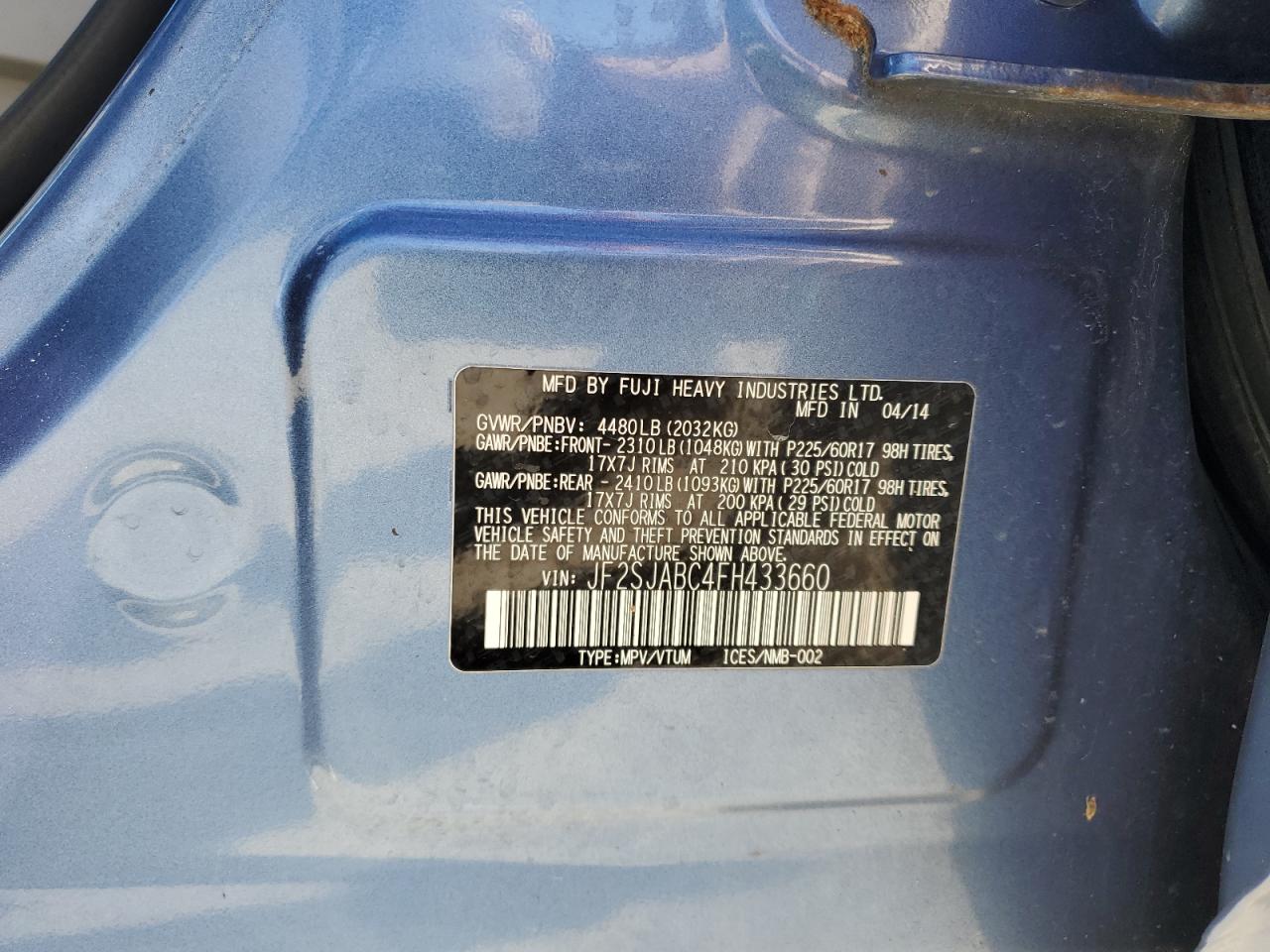 2015 Subaru Forester 2.5I VIN: JF2SJABC4FH433660 Lot: 87433635