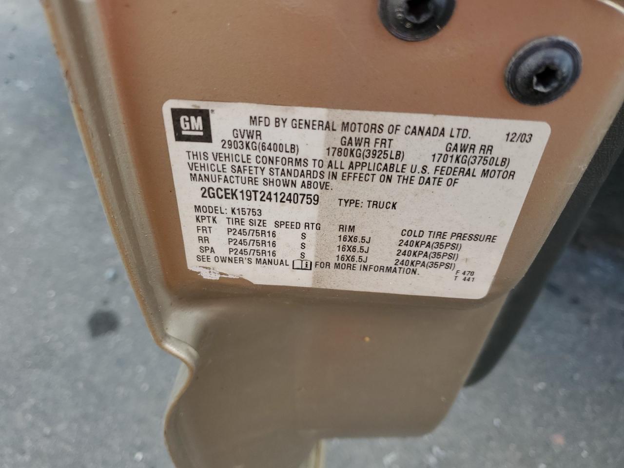 2004 Chevrolet Silverado K1500 VIN: 2GCEK19T241240759 Lot: 81834575