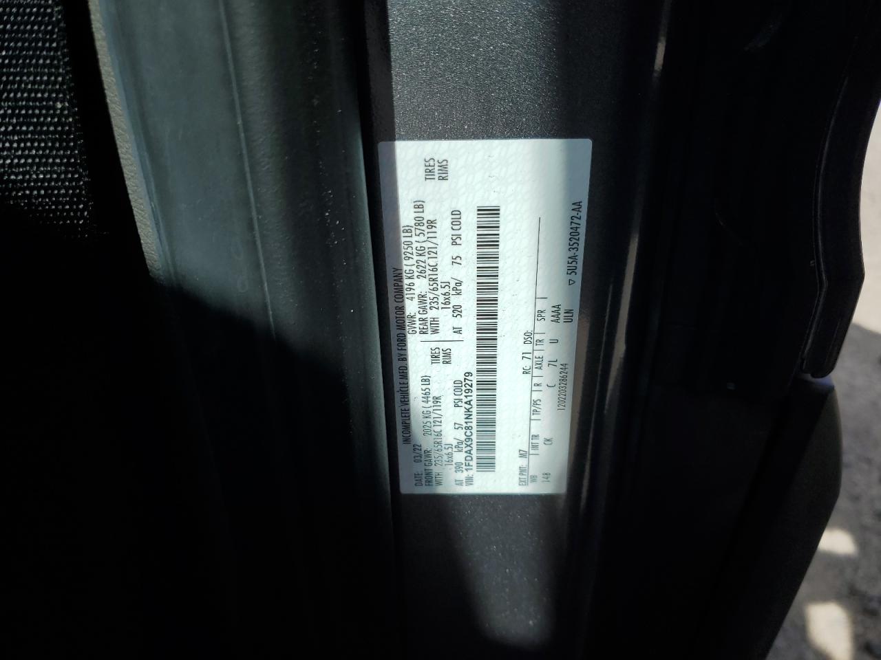 2022 Ford Transit T-350 VIN: 1FDAX9C81NKA19279 Lot: 82398605