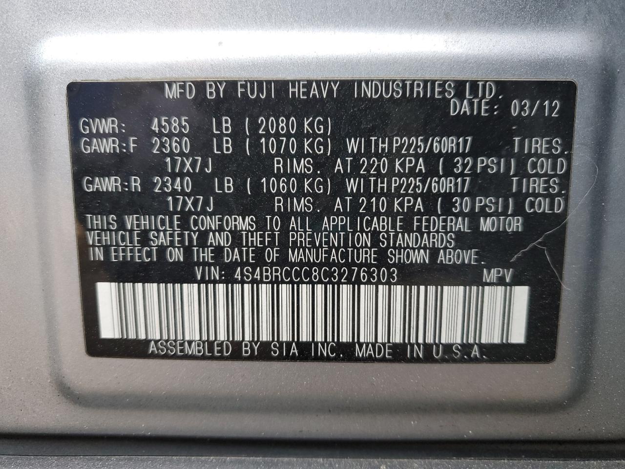 2012 Subaru Outback 2.5I Premium VIN: 4S4BRCCC8C3276303 Lot: 85708475