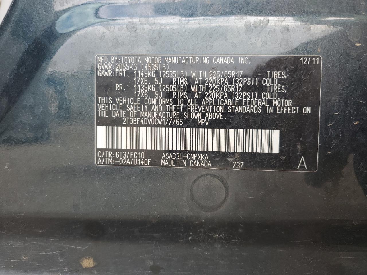 2012 Toyota Rav4 VIN: 2T3BF4DV0CW177765 Lot: 84943235