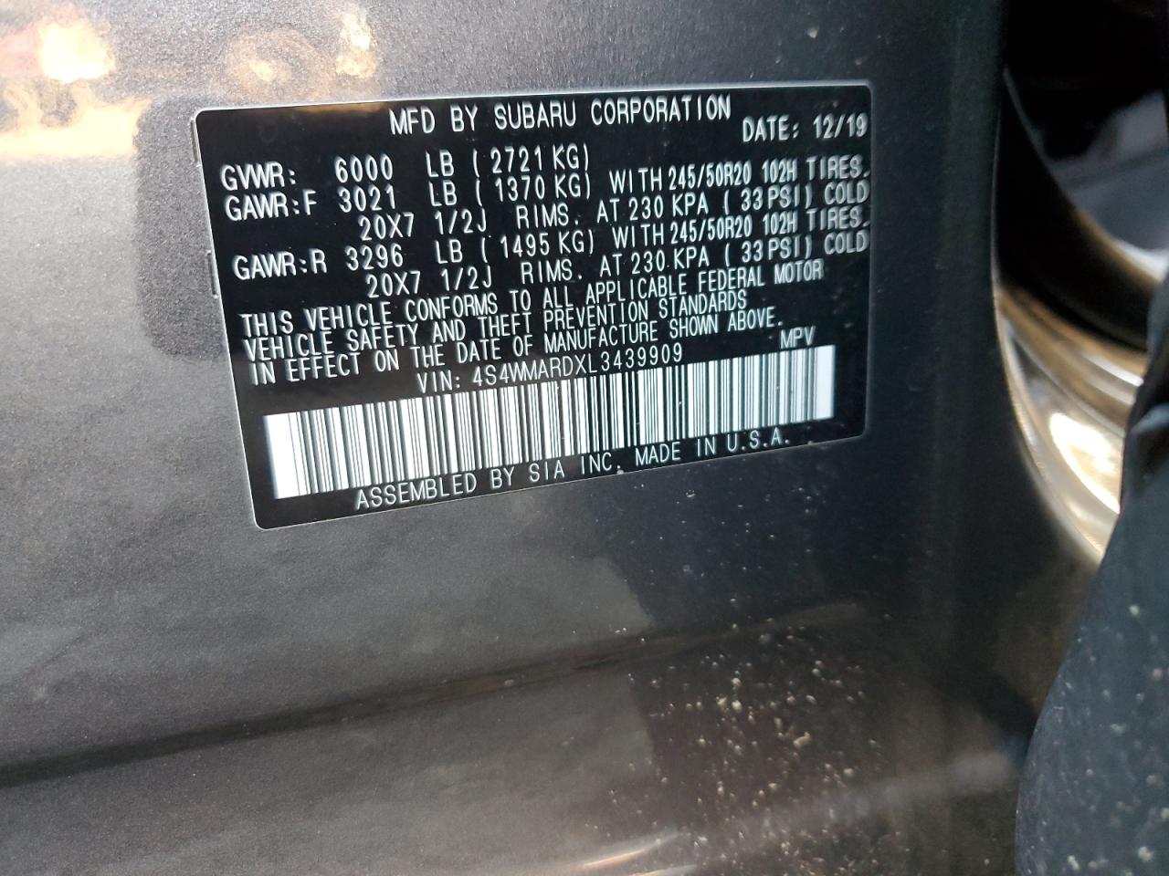 2020 Subaru Ascent Touring VIN: 4S4WMARDXL3439909 Lot: 84771145