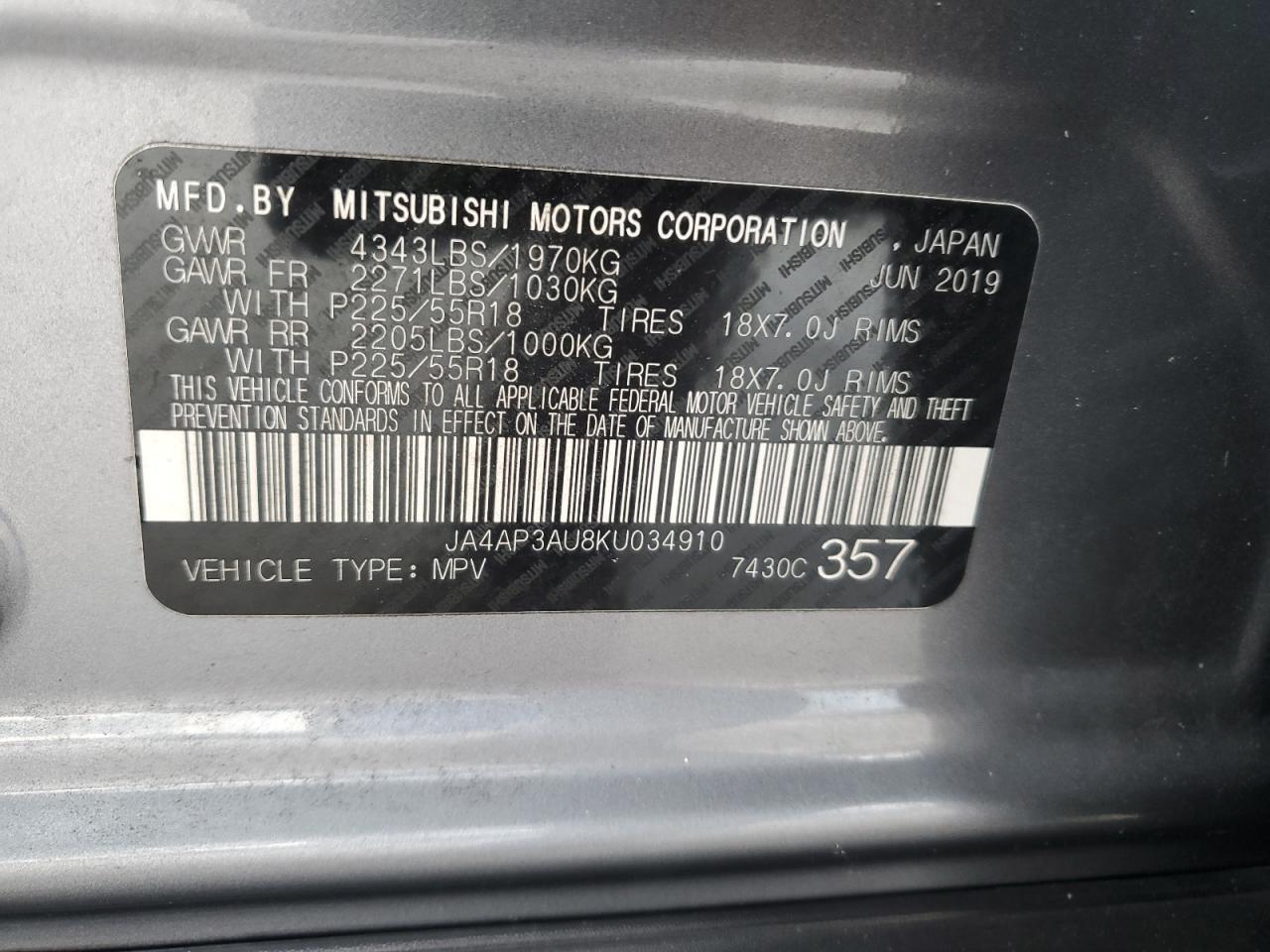 2019 Mitsubishi Outlander Sport Es VIN: JA4AP3AU8KU034910 Lot: 90231345