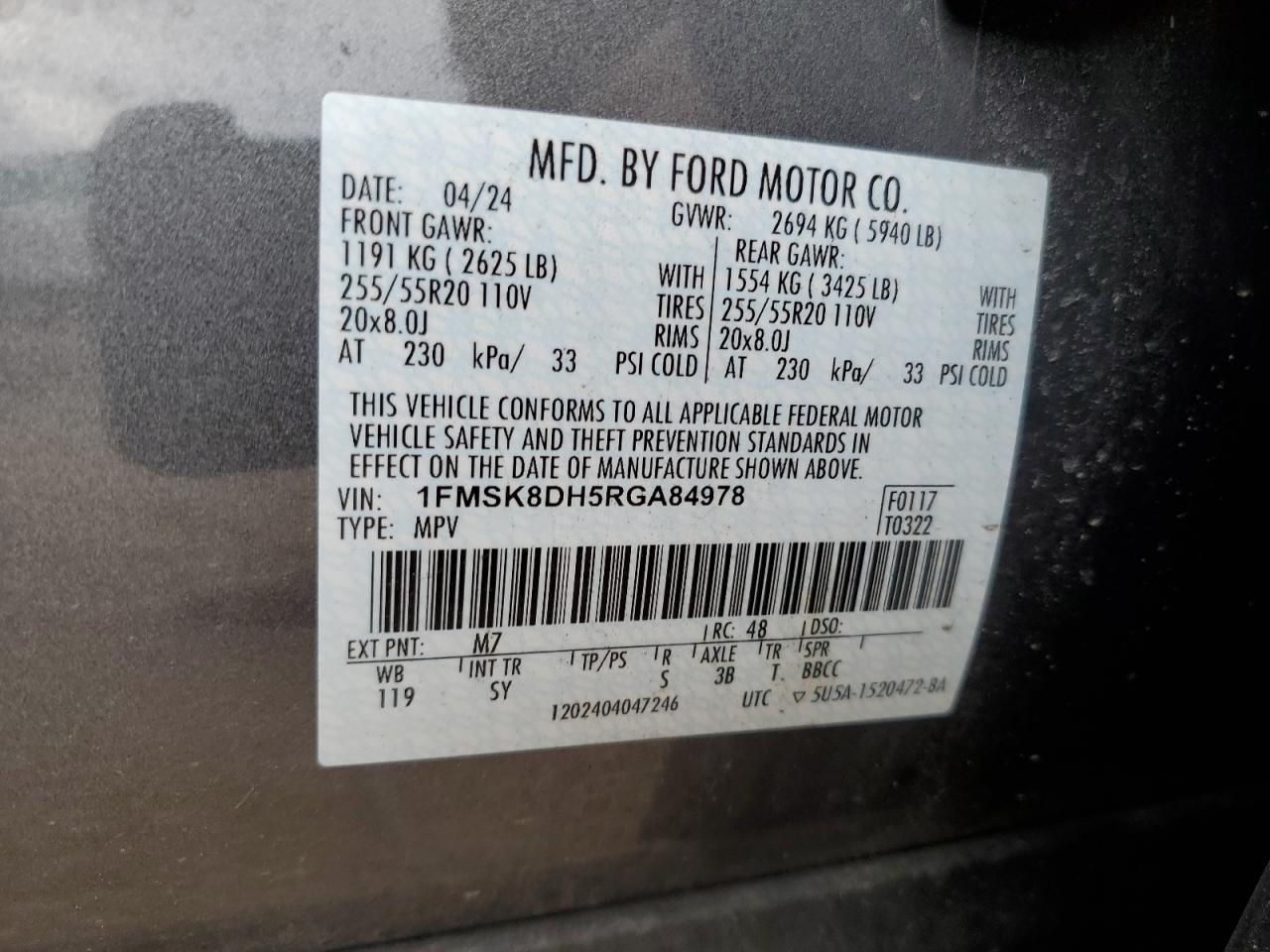 2024 Ford Explorer Xlt VIN: 1FMSK8DH5RGA84978 Lot: 71150585