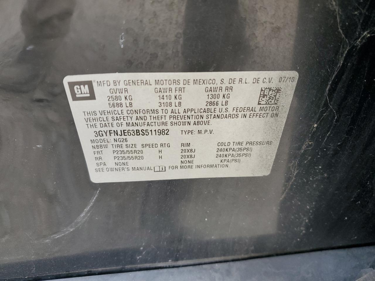 2011 Cadillac Srx Performance Collection VIN: 3GYFNJE63BS511982 Lot: 90033325