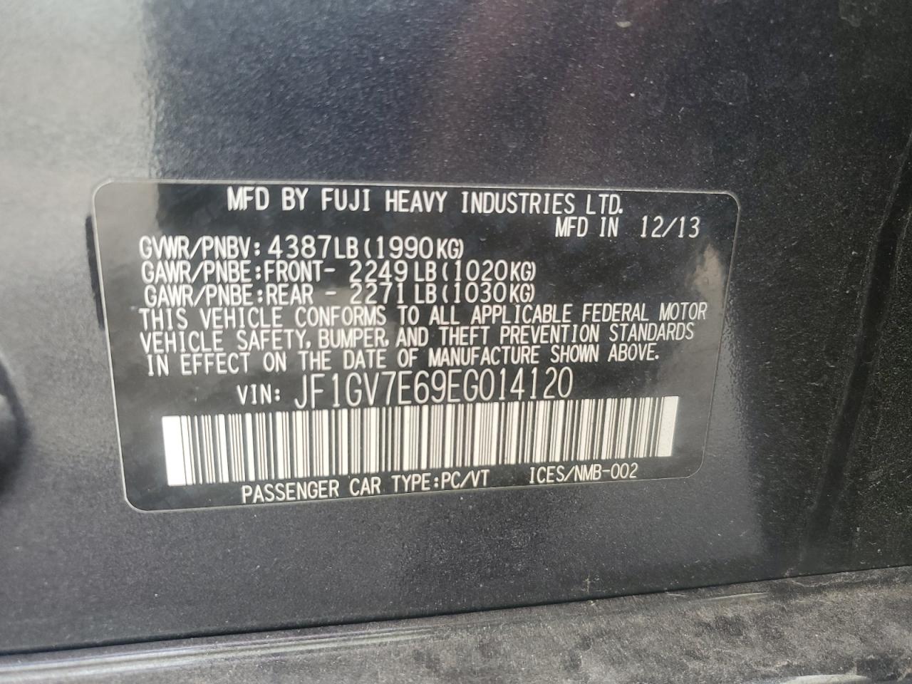 2014 Subaru Impreza Wrx VIN: JF1GV7E69EG014120 Lot: 86124925