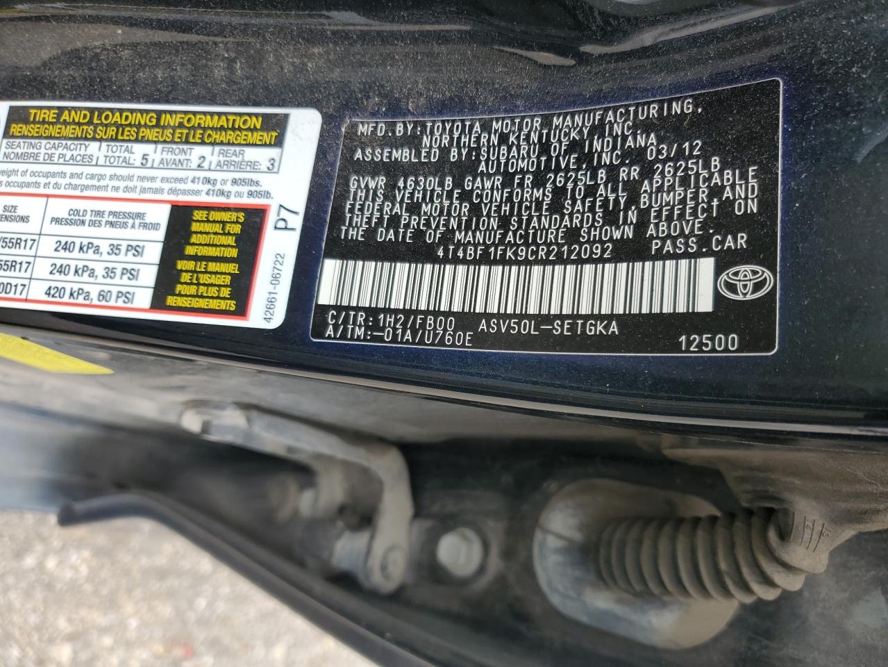 2012 Toyota Camry Base VIN: 4T4BF1FK9CR212092 Lot: 90788895