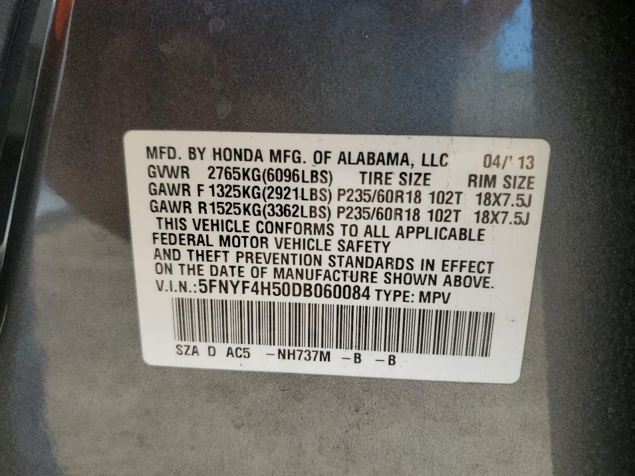 2013 Honda Pilot Exl VIN: 5FNYF4H50DB060084 Lot: 82467385