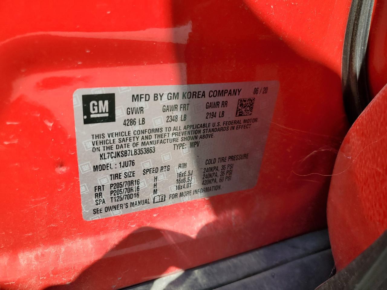 2020 Chevrolet Trax Ls VIN: KL7CJKSB7LB353863 Lot: 82219665