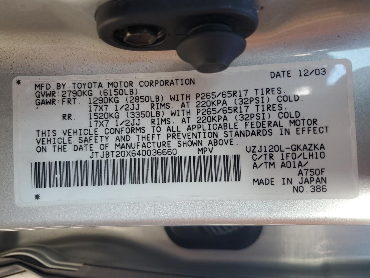 2004 Lexus Gx 470 VIN: JTJBT20X640036660 Lot: 87469535