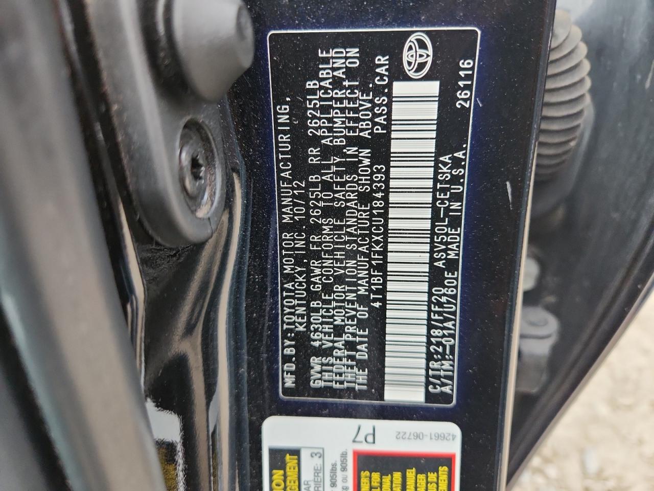2012 Toyota Camry Base VIN: 4T1BF1FKXCU184393 Lot: 84963665
