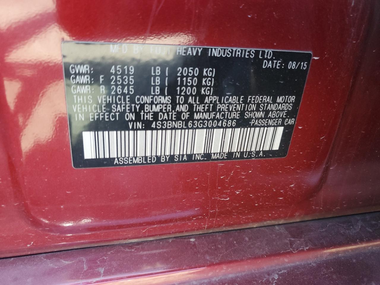 2016 Subaru Legacy 2.5I Limited VIN: 4S3BNBL63G3004686 Lot: 84868555