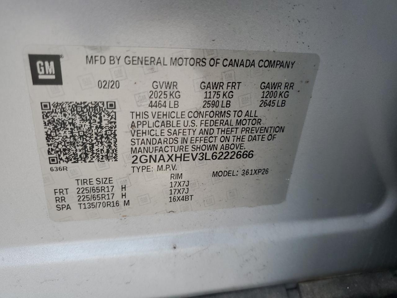 2020 Chevrolet Equinox Ls VIN: 2GNAXHEV3L6222666 Lot: 90345075