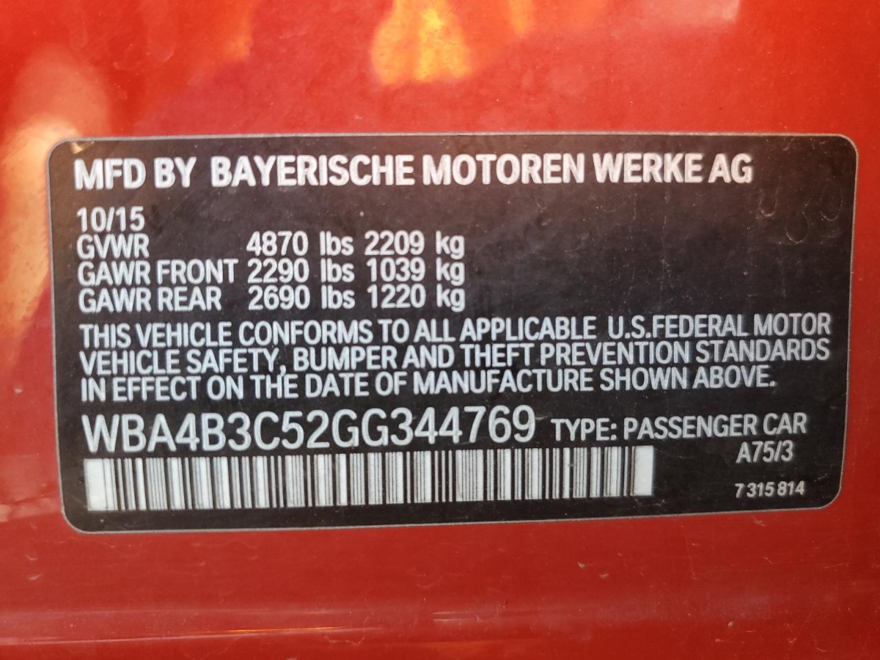 2016 BMW 435 Xi Gran Coupe VIN: WBA4B3C52GG344769 Lot: 81960345