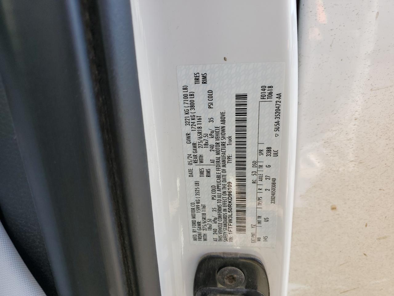 2024 Ford F150 Xlt VIN: 1FTFW3L50RKD96109 Lot: 87103745