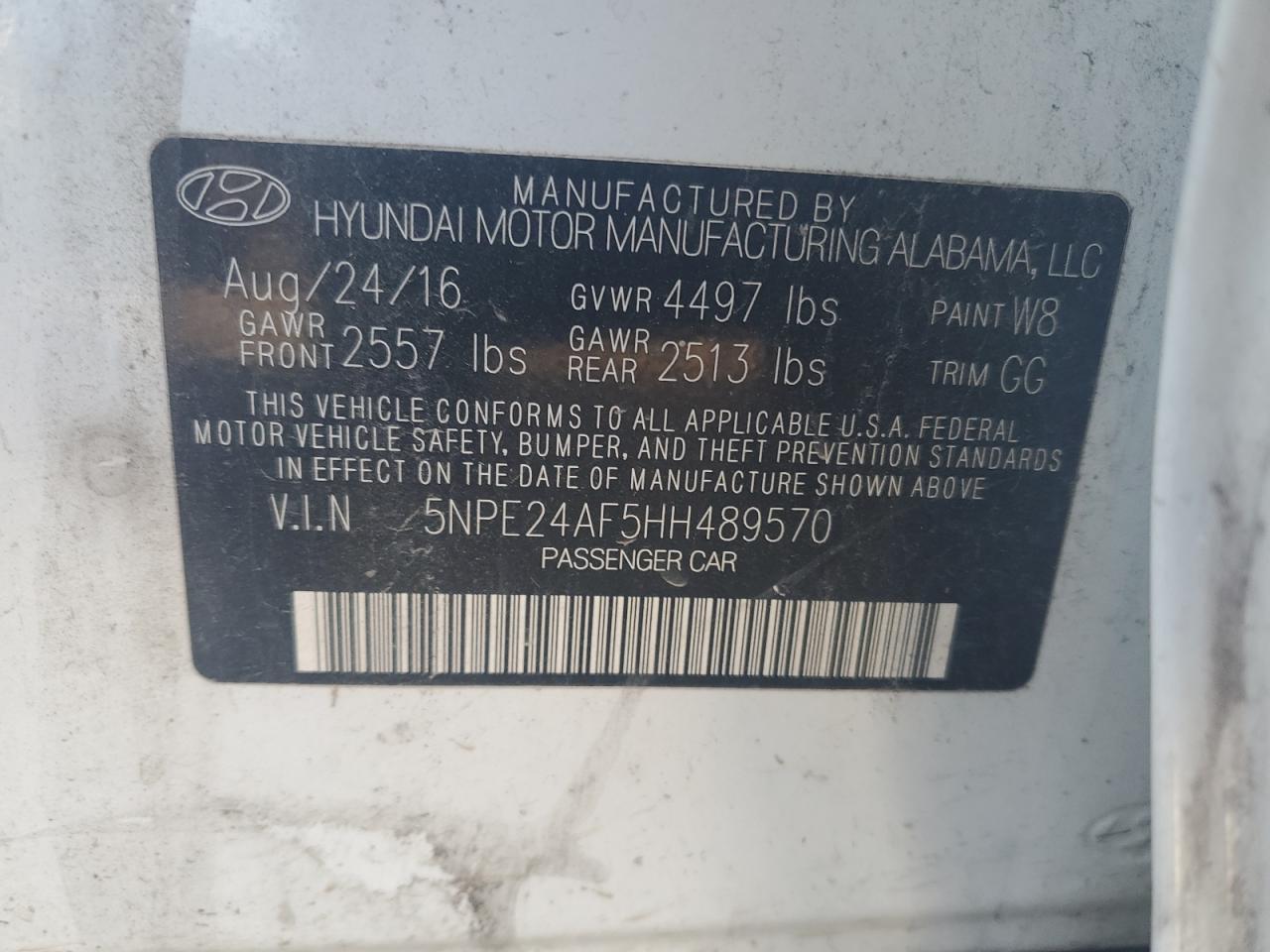 2017 Hyundai Sonata Se VIN: 5NPE24AF5HH489570 Lot: 87176215