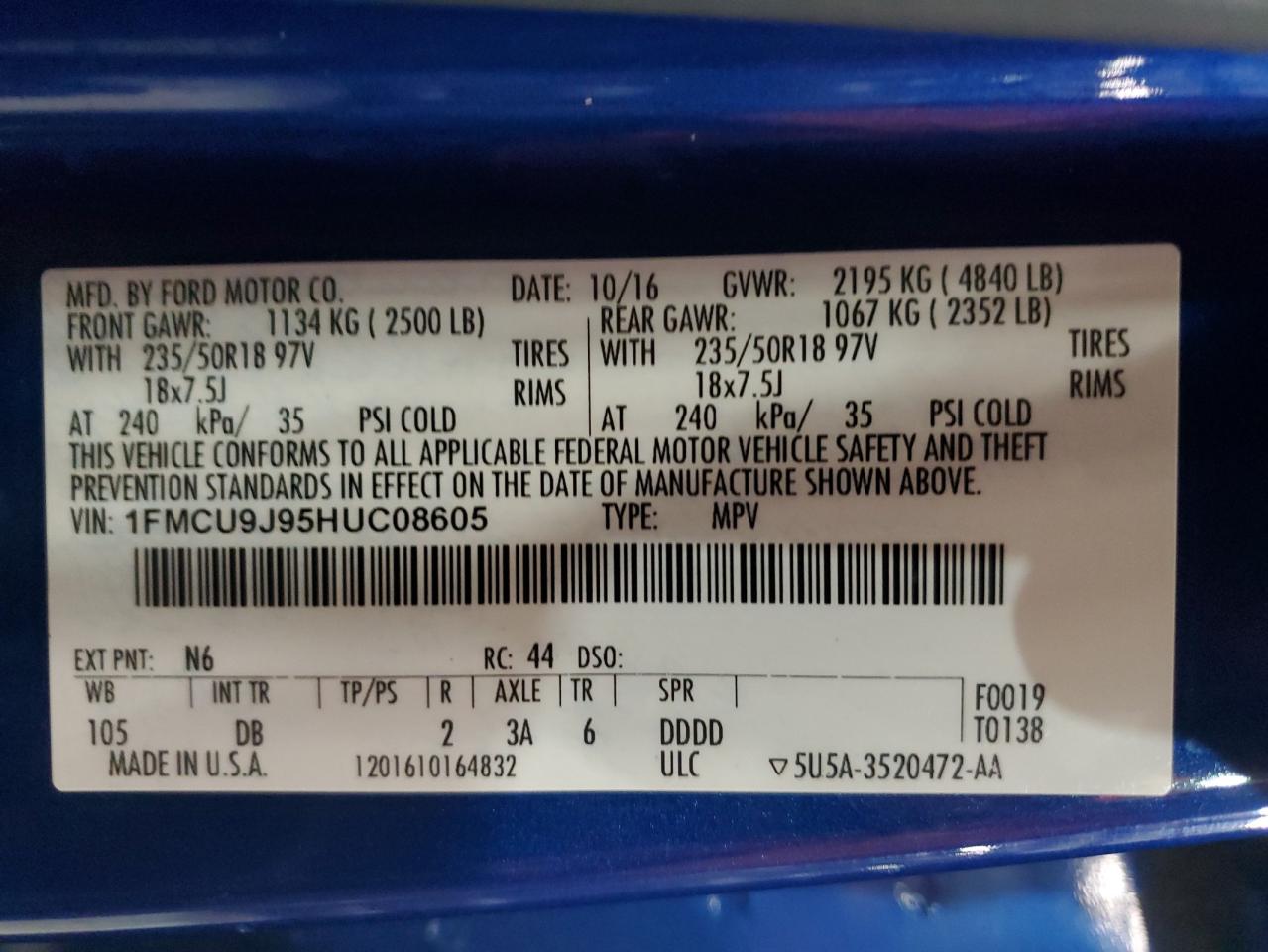 2017 Ford Escape Titanium VIN: 1FMCU9J95HUC08605 Lot: 90461165