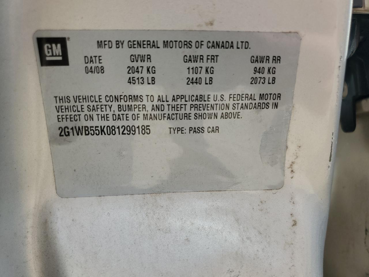 2008 Chevrolet Impala Ls VIN: 2G1WB55K081299185 Lot: 82258035