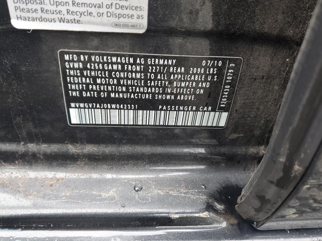 2011 Volkswagen Gti VIN: WVWGV7AJ0BW042331 Lot: 86771895