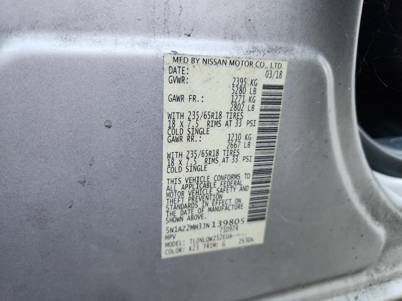 2018 Nissan Murano S VIN: 5N1AZ2MH3JN139805 Lot: 84971725