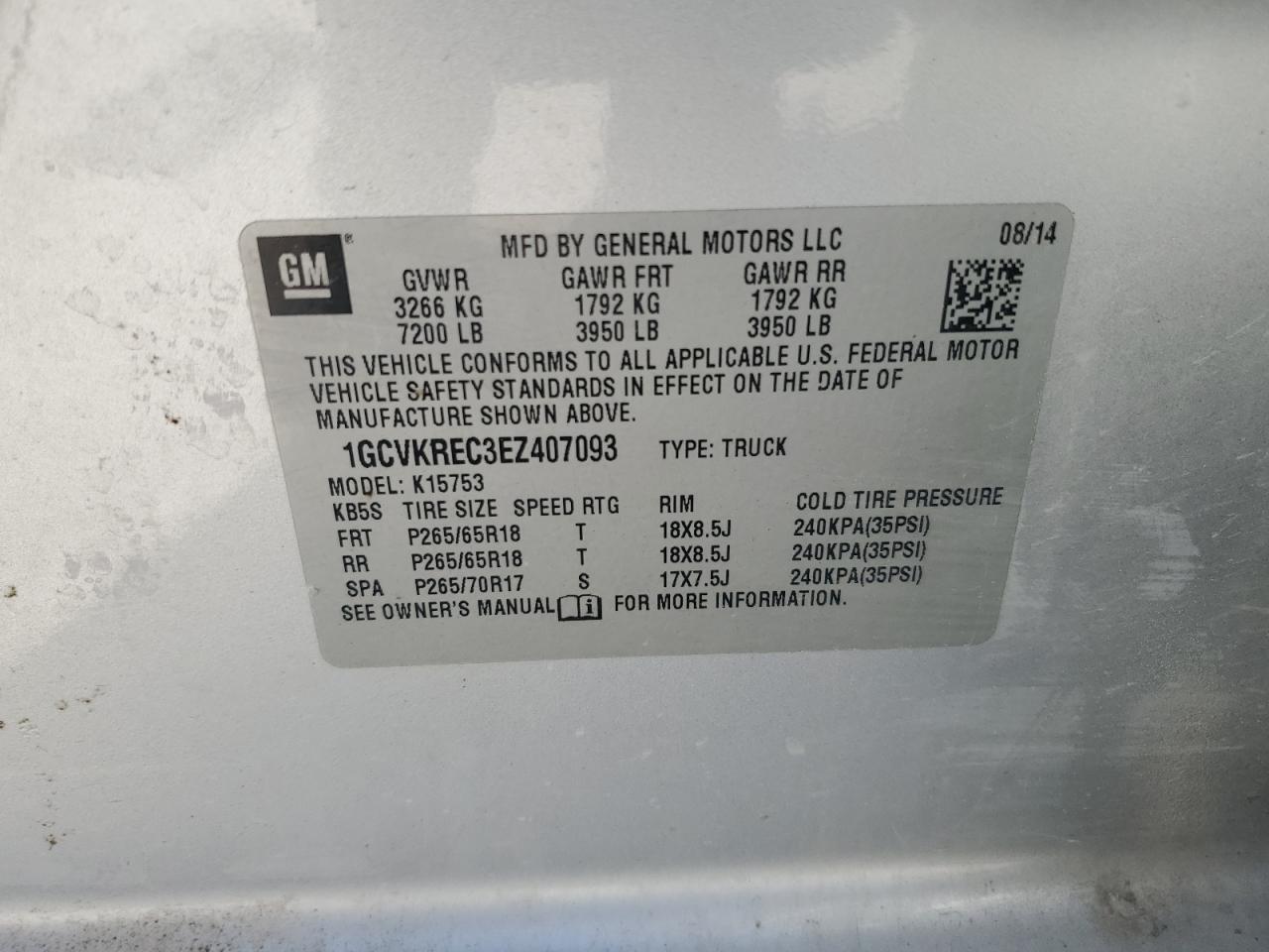 2014 Chevrolet Silverado K1500 Lt VIN: 1GCVKREC3EZ407093 Lot: 85672595