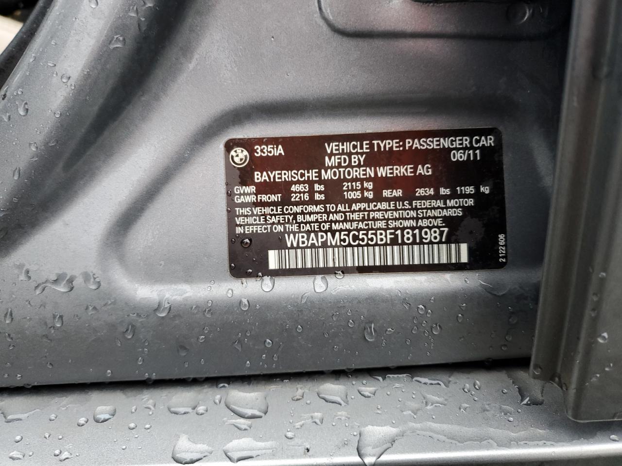 2011 BMW 335 I VIN: WBAPM5C55BF181987 Lot: 86161895
