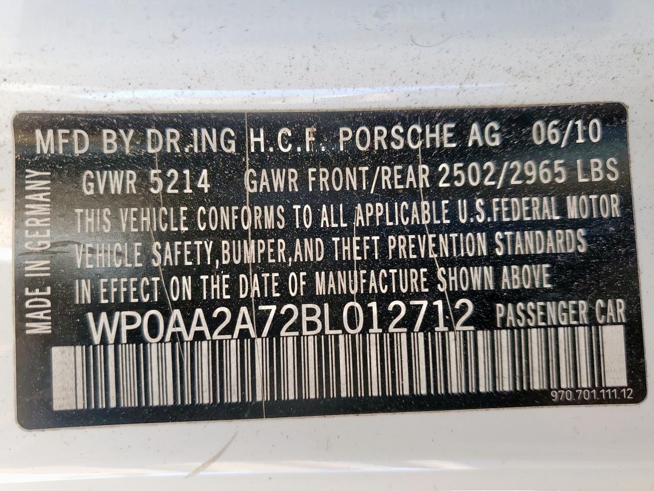 2011 Porsche Panamera 2 VIN: WP0AA2A72BL012712 Lot: 90493875