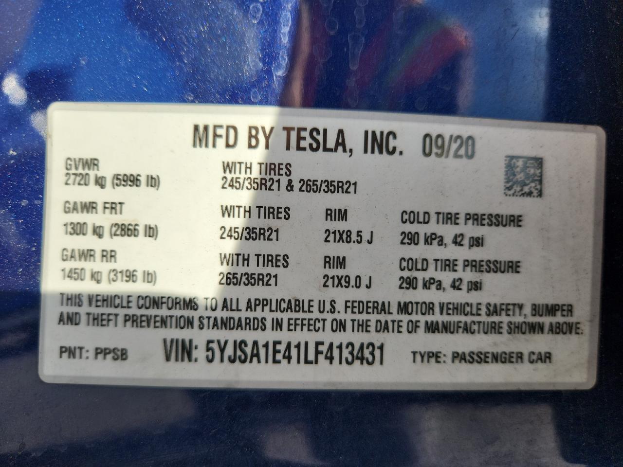 2020 Tesla Model S VIN: 5YJSA1E41LF413431 Lot: 82516265